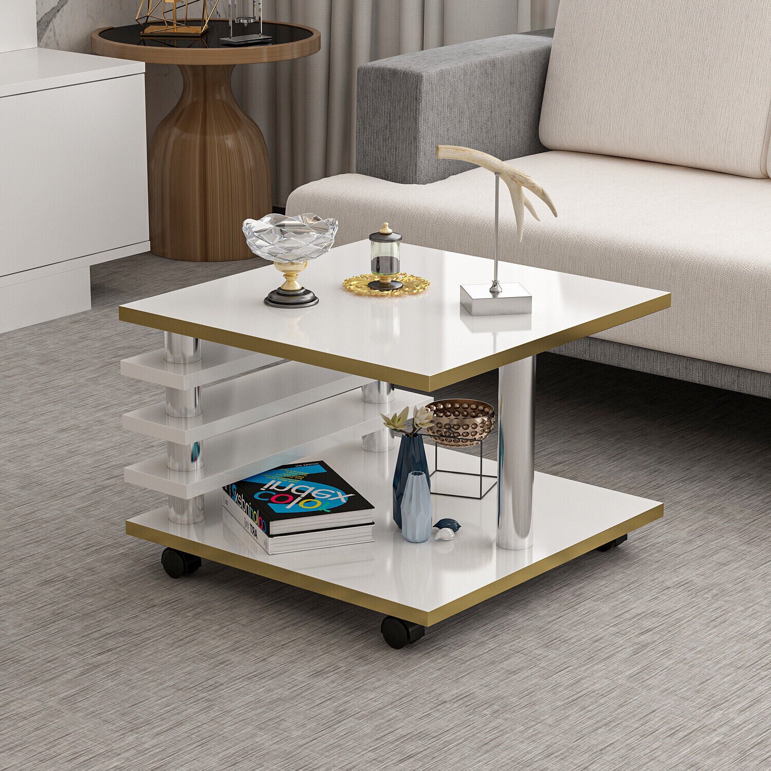 Couchtisch 65 x 65 cm Wohnzimmer Tisch Weiß / Gold Baarn Tische Beistelltisch 1