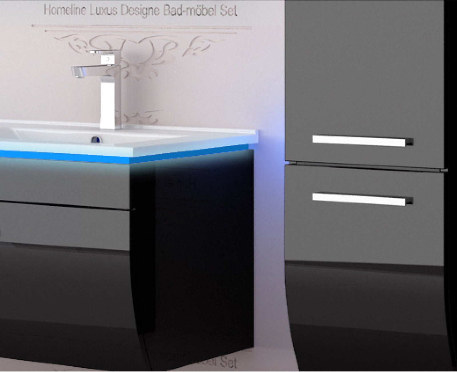 Doppelwaschtisch Doppelwaschbecken Waschbecken 240 cm Schwarz LED  Badmöbel Set