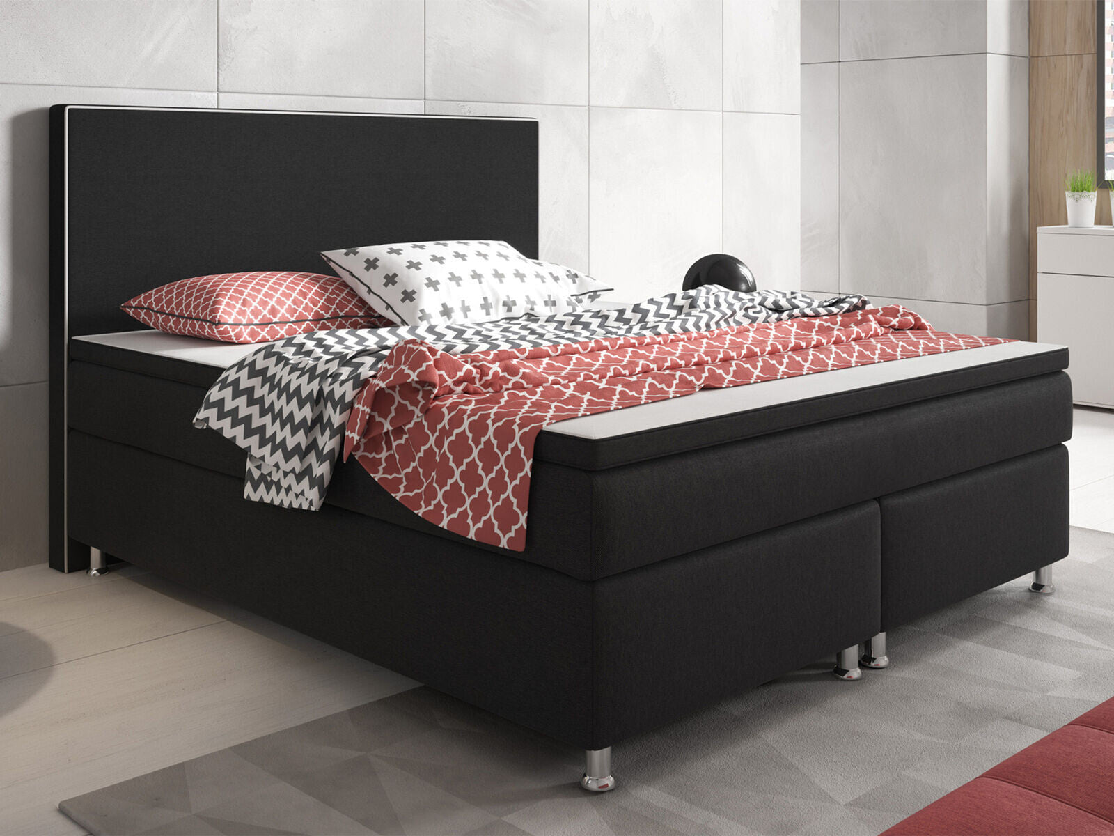 Boxspringbett 180x200 cm Schwarz Bett Komfortbett Hotelbett Stoff Bett Riga31738