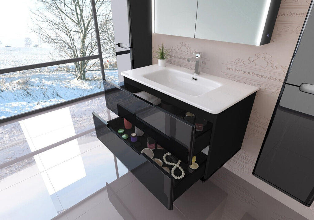 Badmöbel set mit waschbecken und spiegelschrank Hochglanz mit Keramik Becken 90