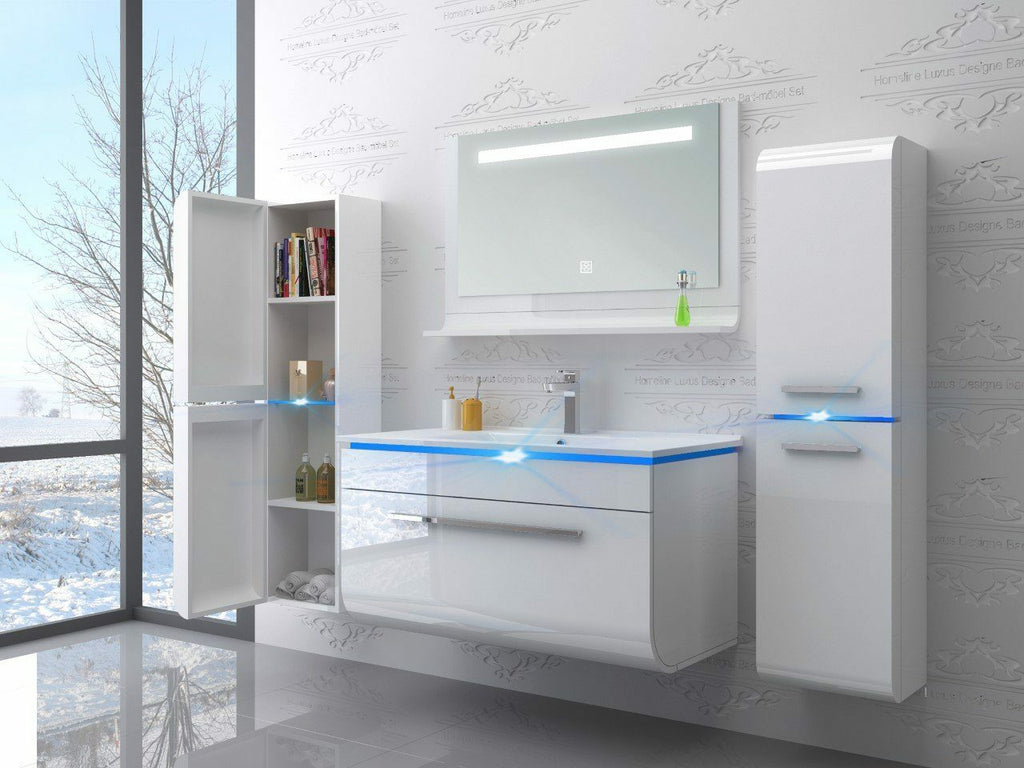 Badmöbel Set montiert Weiss Hochglanz Badezimmermöbel Touch LED  90 cm Bad Set