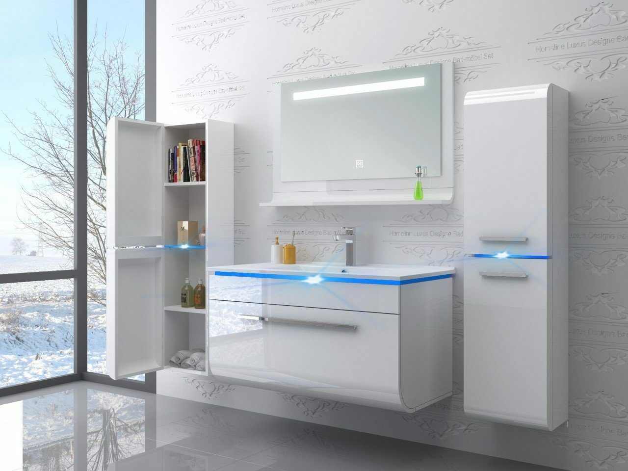Badmöbel Set montiert Weiss Hochglanz Badezimmermöbel Touch LED  90 cm Bad Set