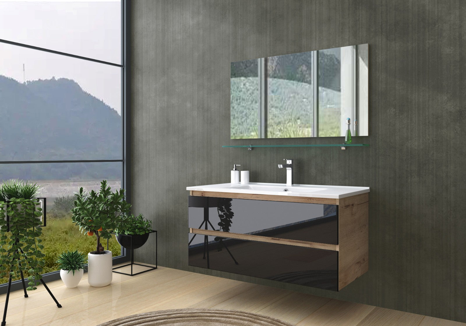 Badmöbel Set Weiß / Beige Marmor Optik Glänzend Badezimmermöbel 90 cm bis 6 Tlg