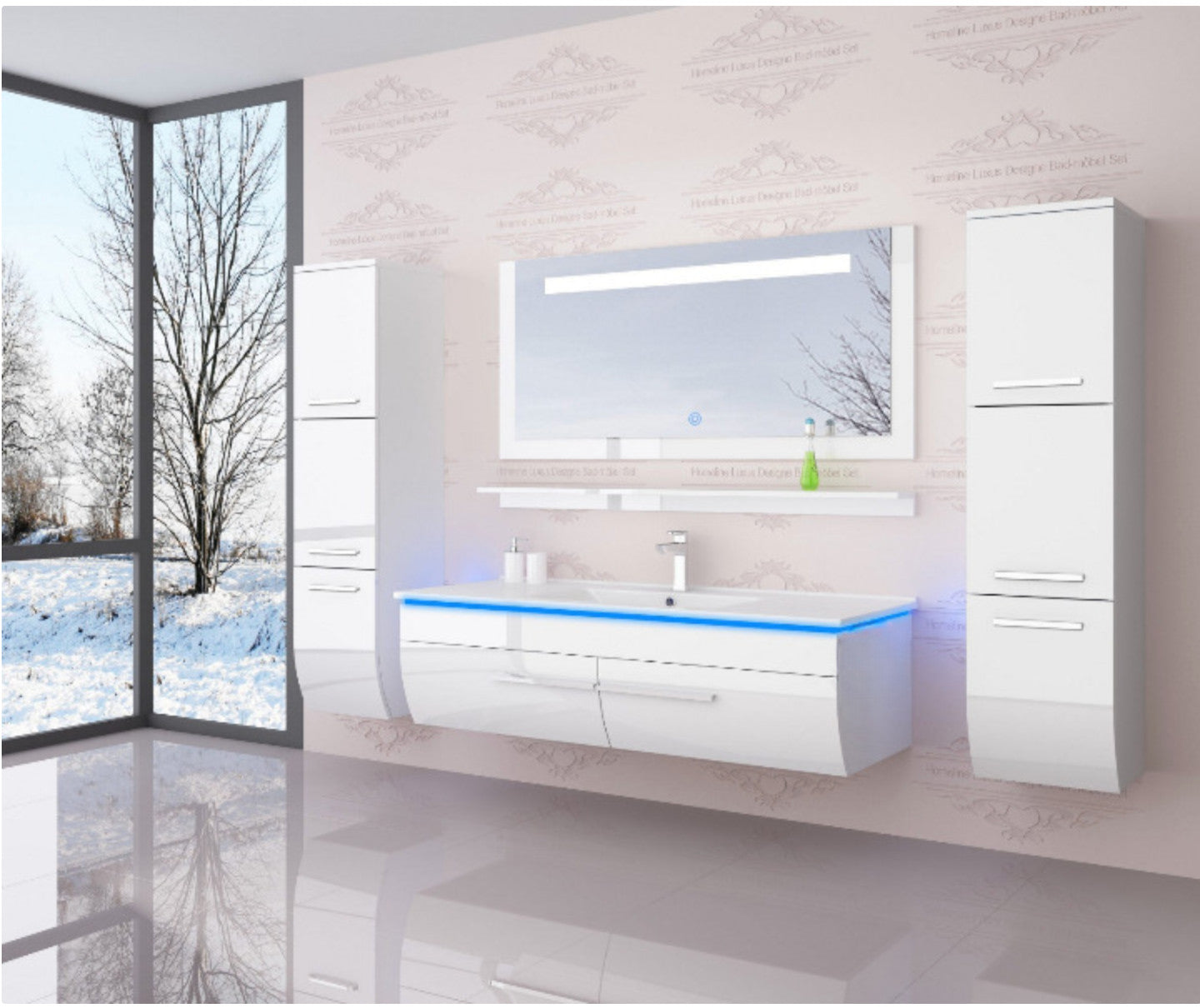 Badmöbel Set Weiß Hochglanz badmöbel Badezimmermöbel 120 cm Bad Led Tocuh  6 Tlg