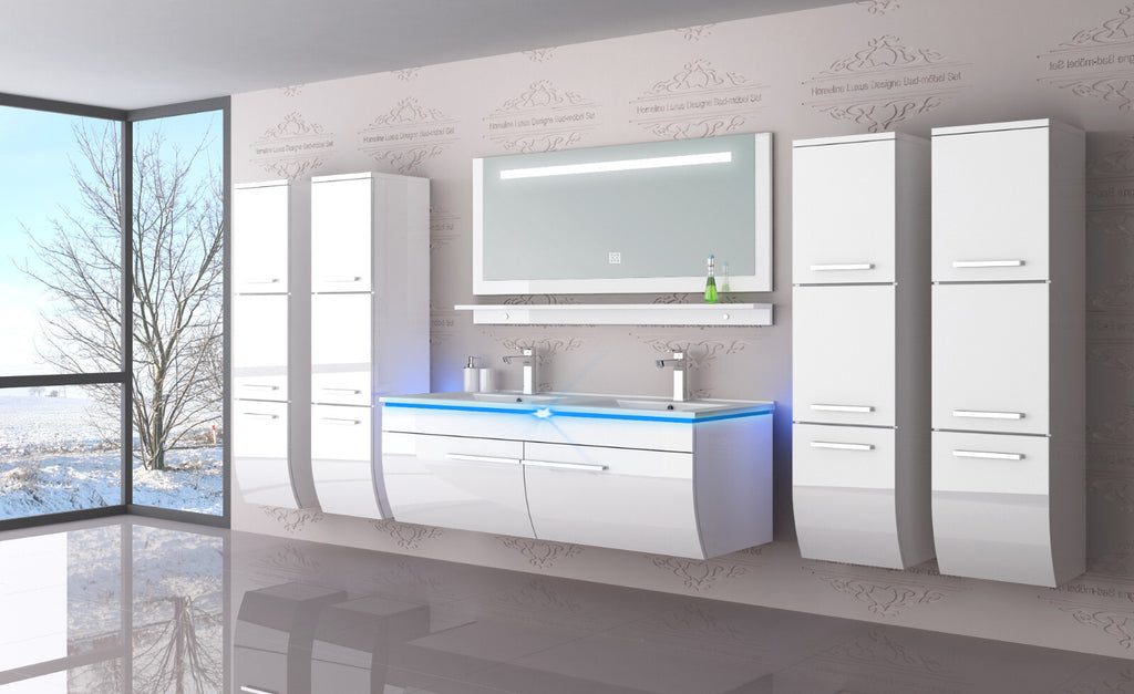 Doppelwaschtisch 240 cm Weiss Hochglanz Doppel Waschbecken Badmöbel Set Led Syts