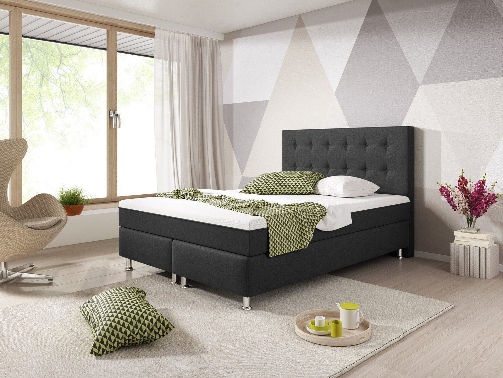 Boxspringbett  Bett 140x200 cm Webstoff Anthrazit mit Topper-Optik Einzelbett