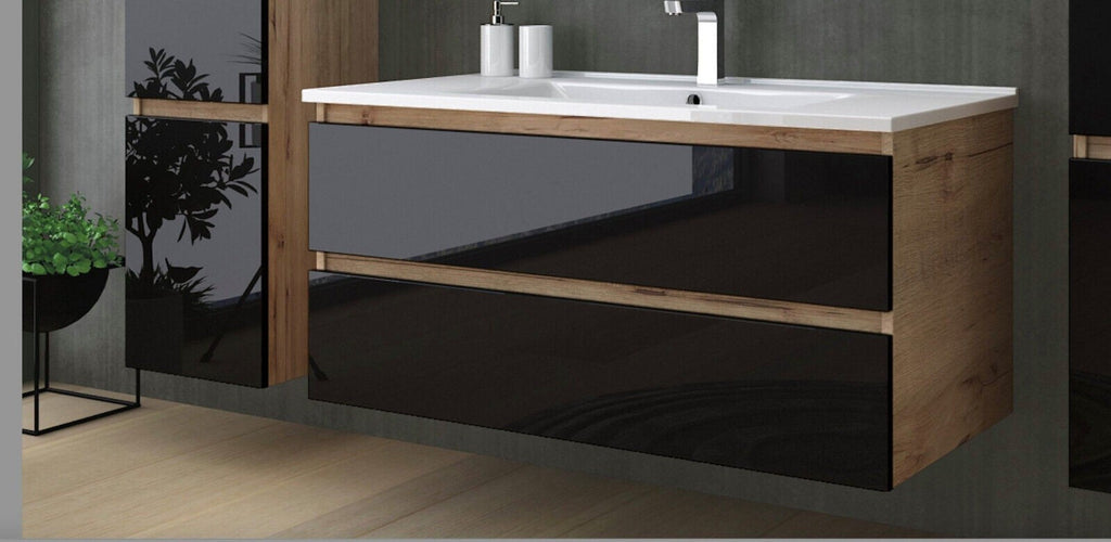 Badmöbel Set Weiß / Beige Marmor Optik Glänzend Badezimmermöbel 90 cm bis 6 Tlg