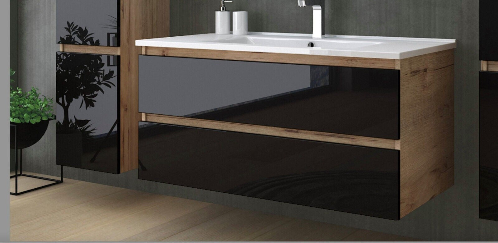 Badmöbel Set Weiß / Beige Marmor Optik Glänzend Badezimmermöbel 90 cm bis 6 Tlg