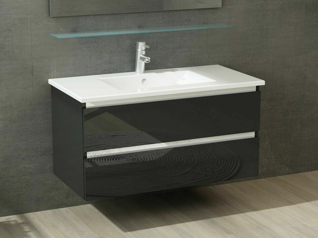 Badmöbel Set Schwarz 4TLG Unterschrank Keramik Spiegel Badezimmermöbel 90 cm bad