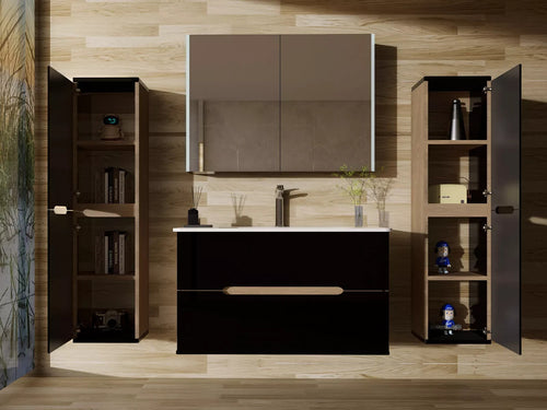 Badezimmermöbel set Badmöbel Hochglanz Eiche/ Schwarz Spiegelschrank Keramik LED