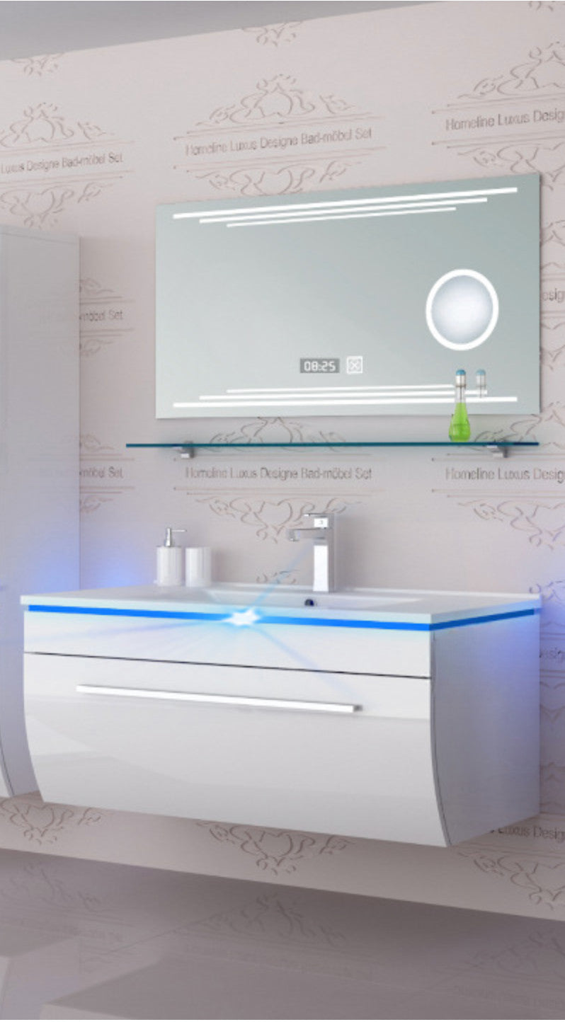 Badmöbel Set Badezimmer schränke Waschbecken Spiegel Weiß LED  Badmöbel Set 90