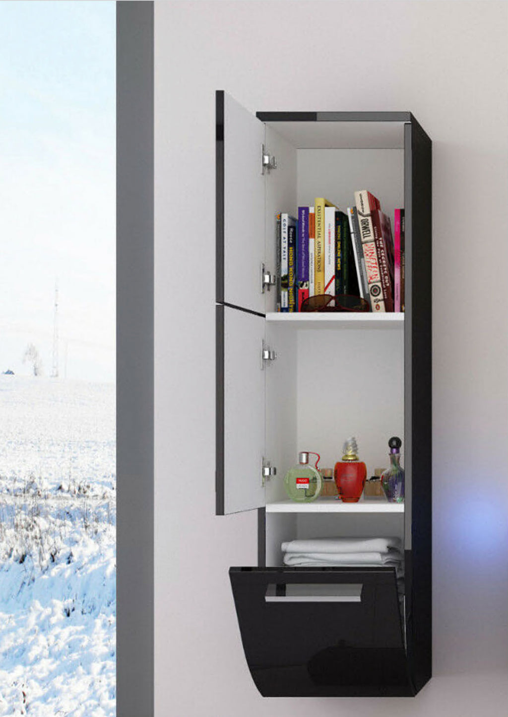 1x Seitenschrank Hochschrank Badmöbel Glanz Badschrank Schwarz  110 cm