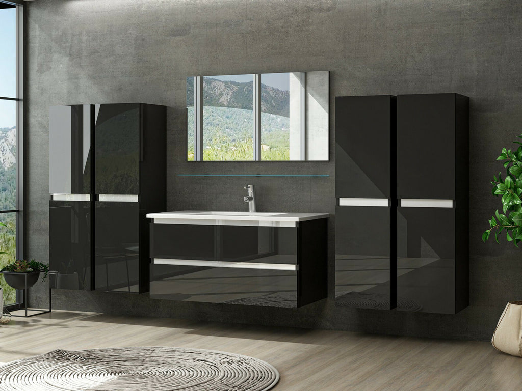 Badmöbel Set montiert Schwarz Hochglanz Badezimmermöbel 60 cm bis 8tlg Bad Möbel