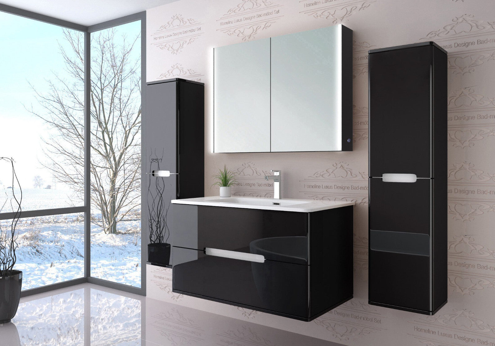 Badmöbel set Badezimmermöbe Hochglanz Spiegelschrank Keramik  Schwarz / Weiß / E
