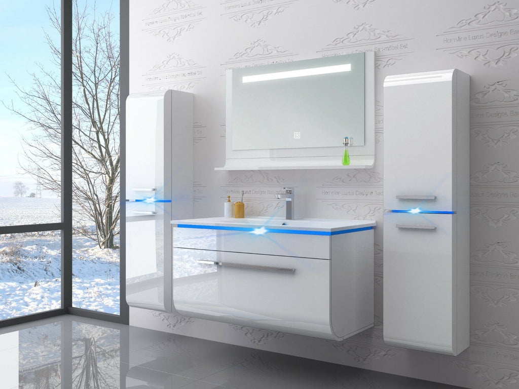 Badmöbel Set montiert Weiss Hochglanz Badezimmermöbel Touch LED  90 cm Bad Set