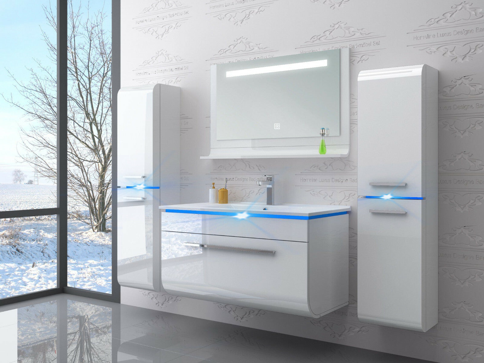 Badmöbel Set montiert Weiss Hochglanz Badezimmermöbel Touch LED  90 cm Bad Set