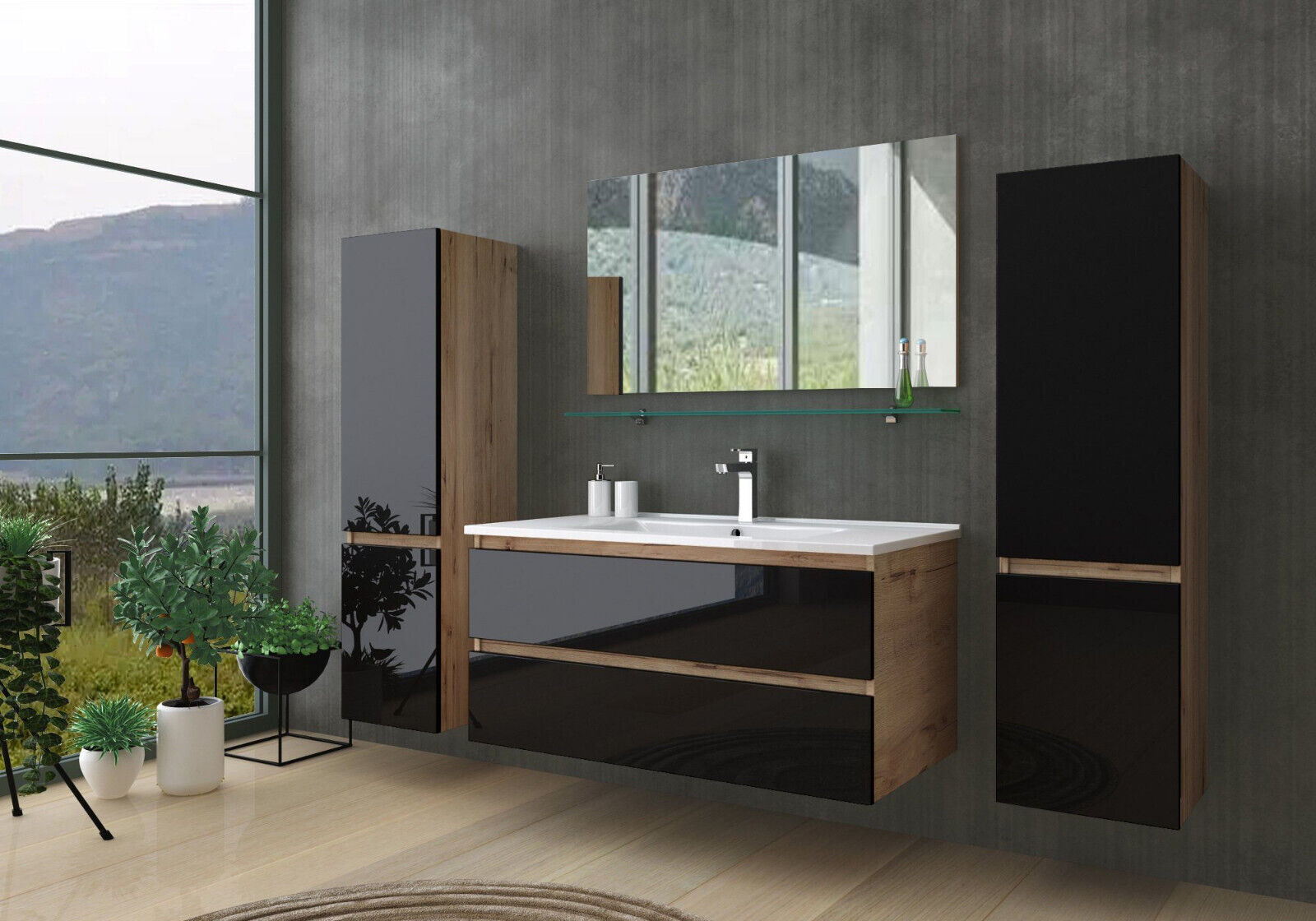 Badmöbel Set 90 cm  Eiche / Schwarz Hochglanz Badezimmermöbel 90 cm Badezimmer