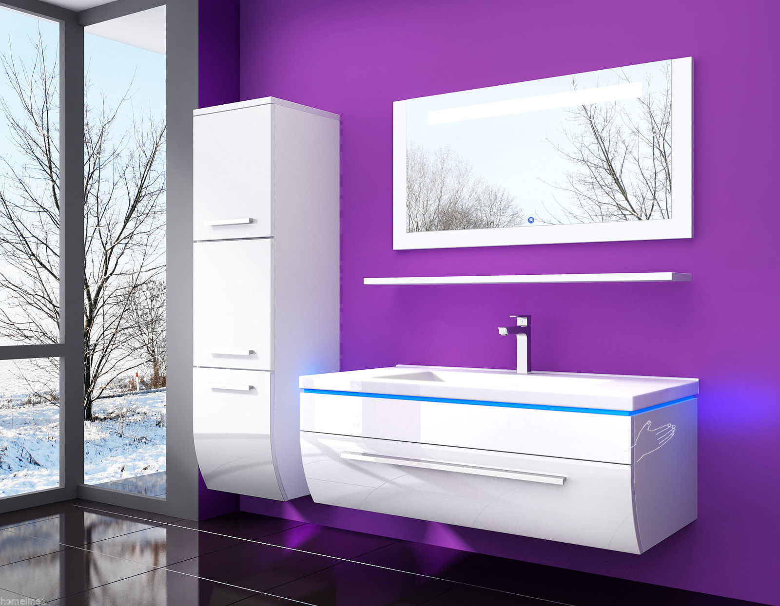 Badmöbel Set Weiss 180 cm Hochglanz Waschbecken Spiegel Komplett Bad Led System.