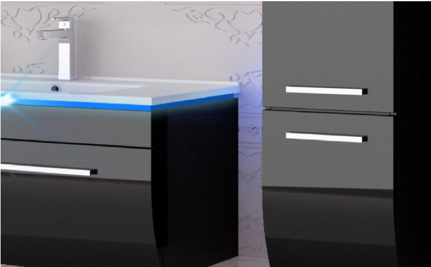 Badmöbel Set Badezimmer Schrank Waschbecken Spiegel Schwarz LED  Badmöbel Set
