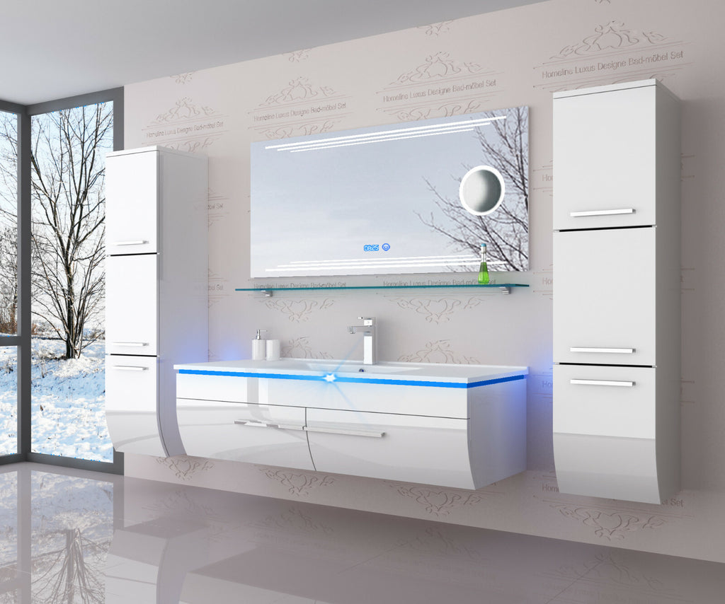 Badmöbel Set schwarz oder weiss hochglanz Kosmetik Badezimmermöbel 180 cm LEDUhr
