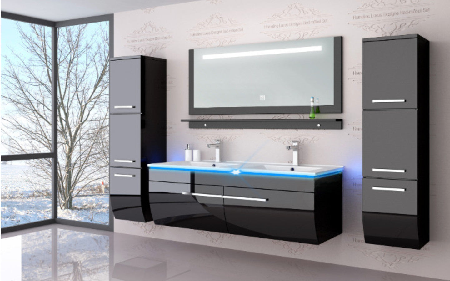 Badmöbel set hochglanz Schwarz Doppelwaschtisch montiert Touch Led System 120 cm