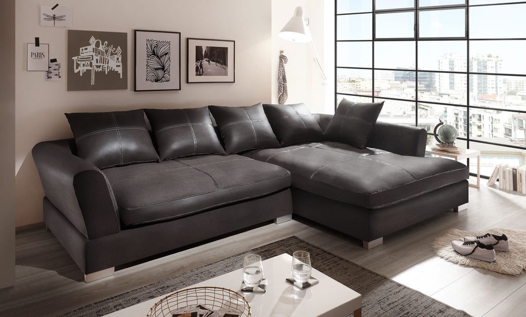 Design Couchgarnitur Anthrazit Sofa K-Leder Eck Big Sofa Wohnlandschaft Rechts