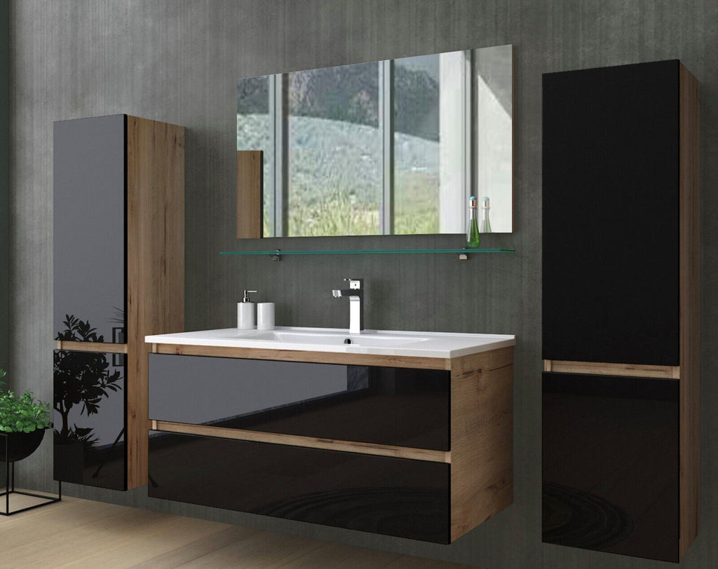 Badmöbel Set Weiß / Beige Marmor Optik Glänzend Badezimmermöbel 90 cm bis 6 Tlg