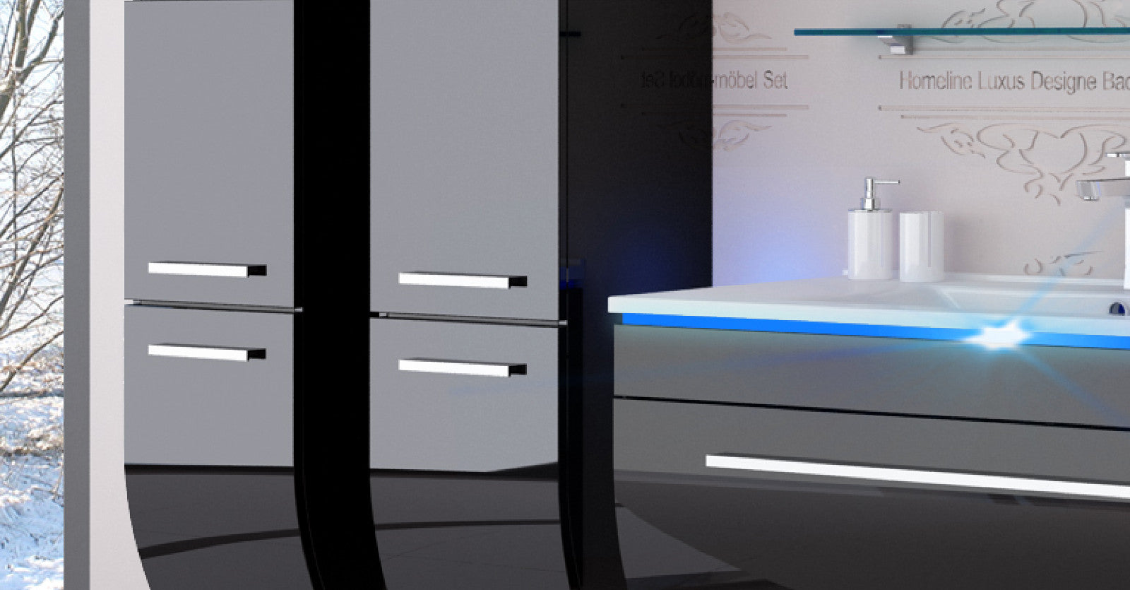 Badmöbel Set Badezimmer Schrank Waschbecken Spiegel Schwarz LED  Badmöbel Set