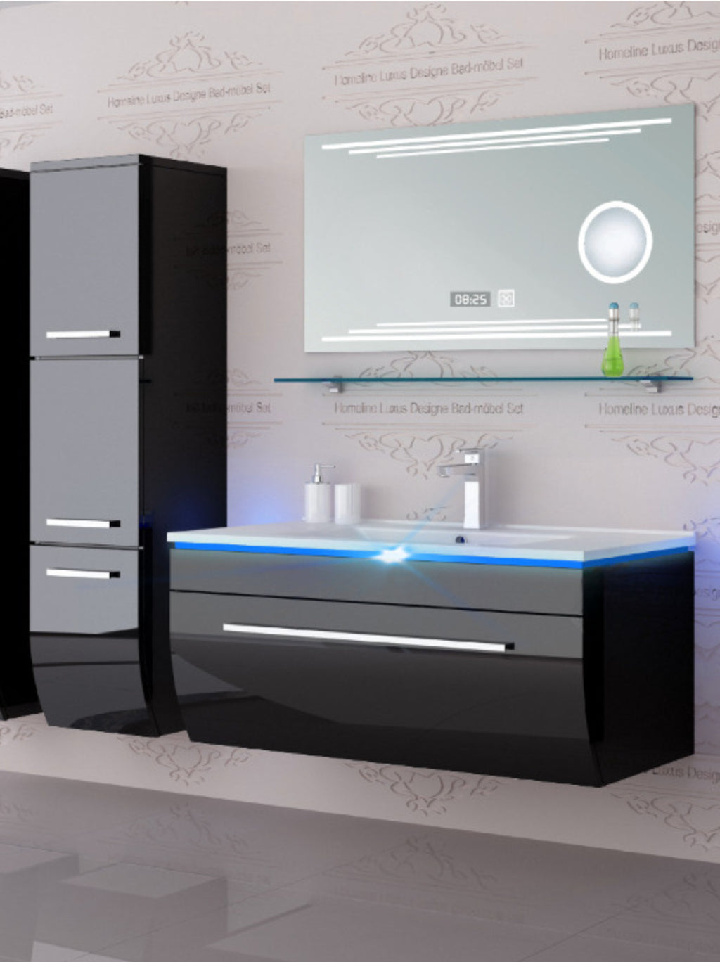 Badmöbel Set Badezimmer Schrank Waschbecken Spiegel Schwarz LED  Badmöbel Set
