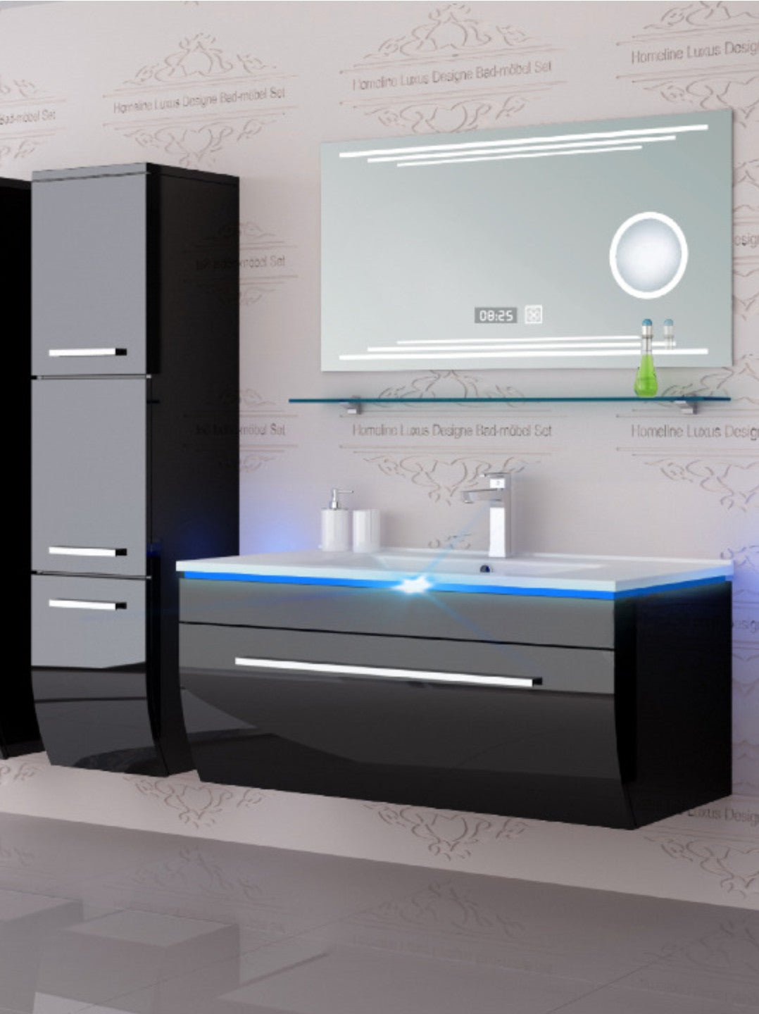 Badmöbel Set Badezimmer Schrank Waschbecken Spiegel Schwarz LED  Badmöbel Set