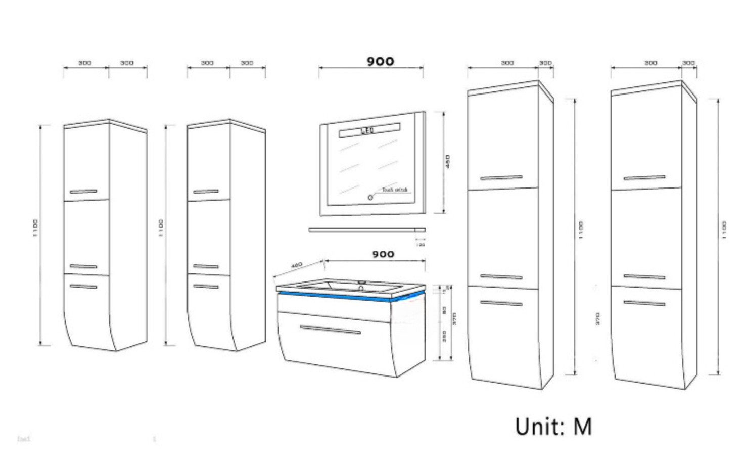 Badmöbel Set montiert Weiss oder Schwarz Hochglanz Badezimmermöbel 6tlg LED 90cm