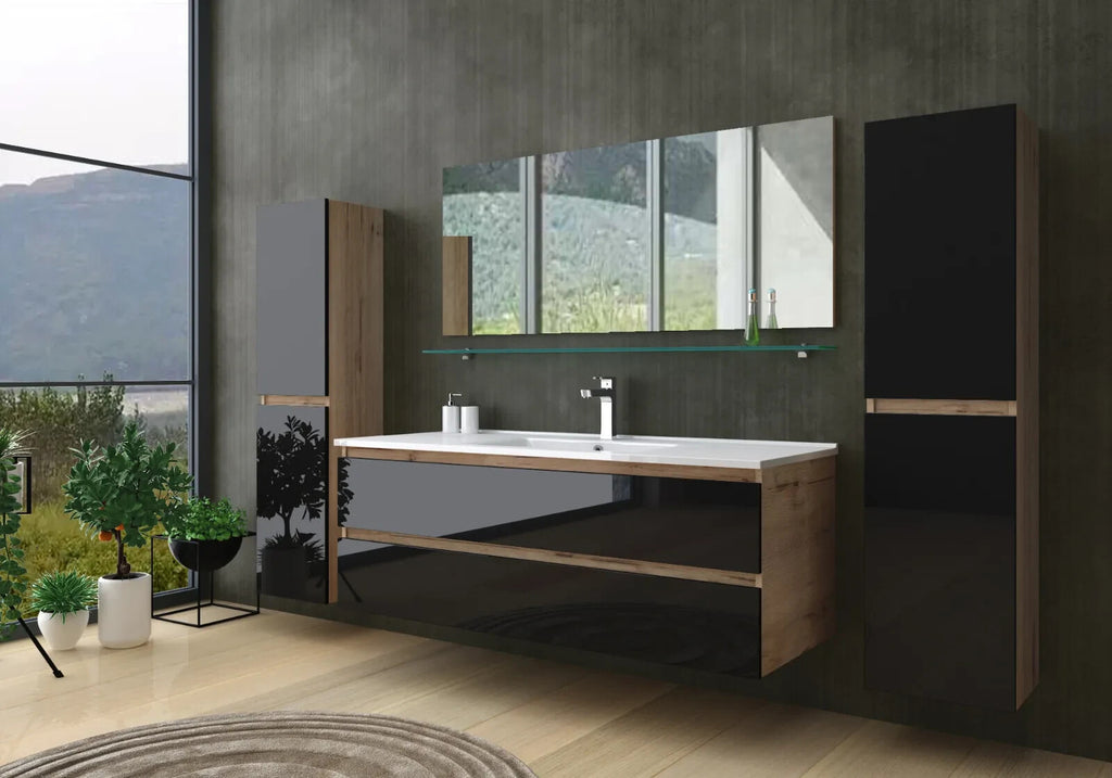 Badmöbel set Hochglanz 6 Tlg Schwarz /Eiche Soft Close Badezimmer Möbel Bad 120