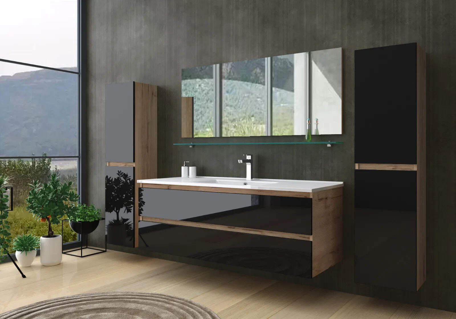 Badmöbel set Hochglanz 6 Tlg Schwarz /Eiche Soft Close Badezimmer Möbel Bad 120
