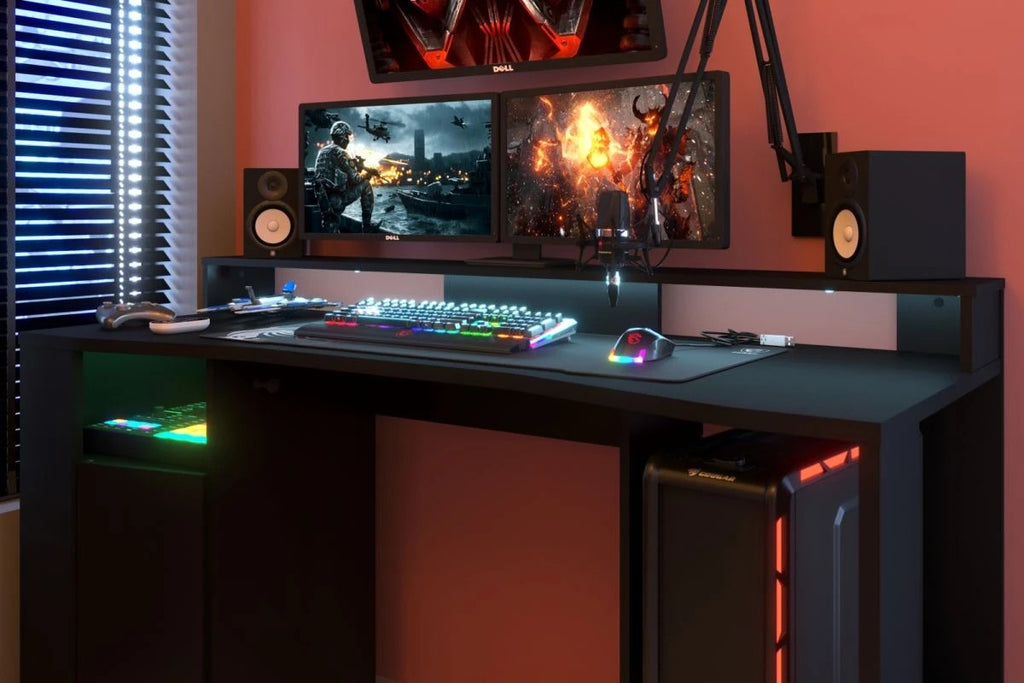 Gaming Set"Gaming1"in schwarz Gaming Schreibtisch und 2x Schrank,LED Beleuchtung