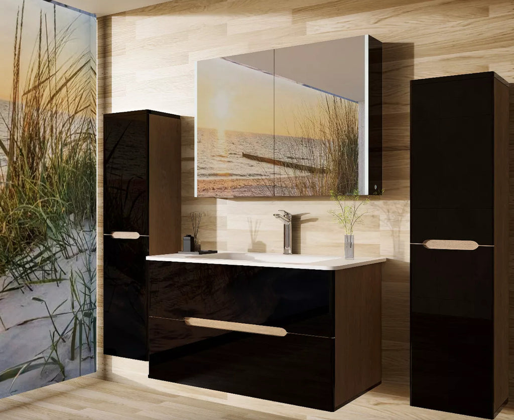 Badezimmermöbel set Badmöbel Hochglanz Eiche/ Schwarz Spiegelschrank Keramik LED