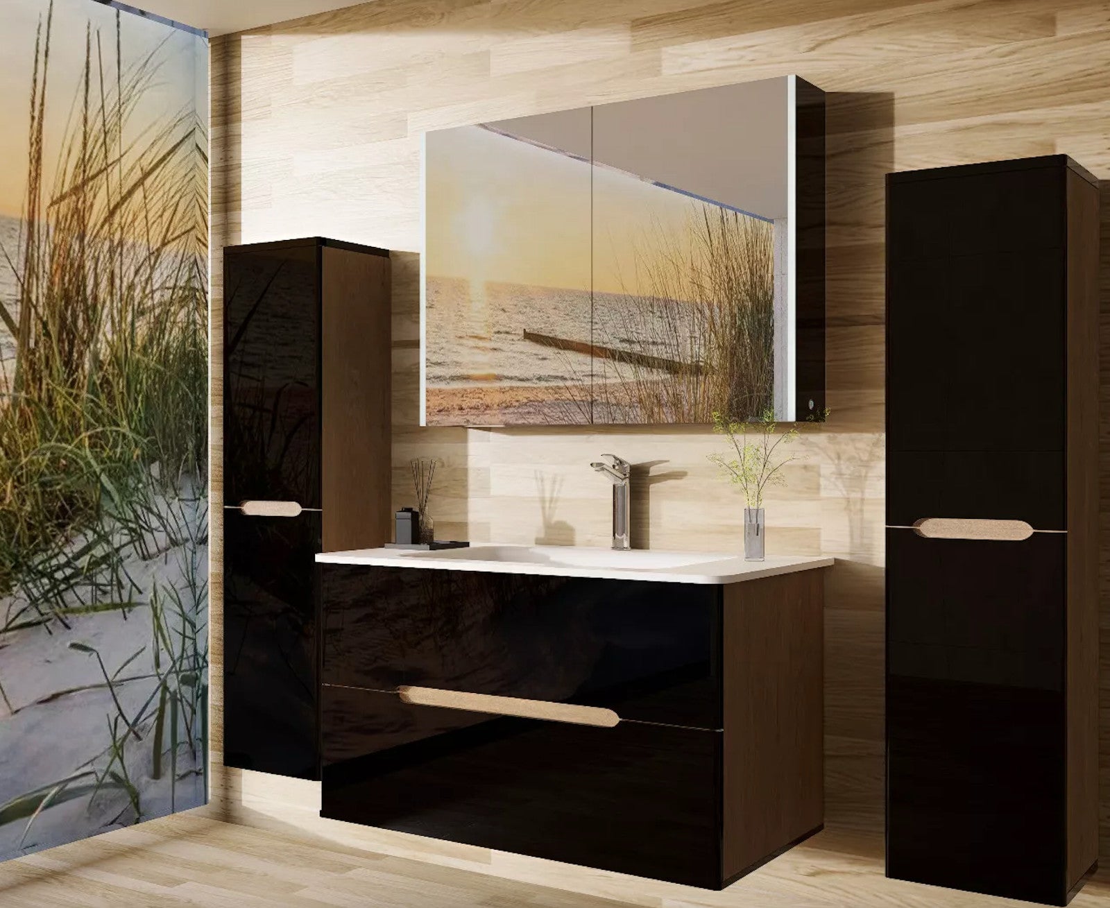 Badezimmermöbel set Badmöbel Hochglanz Eiche/ Schwarz Spiegelschrank Keramik LED