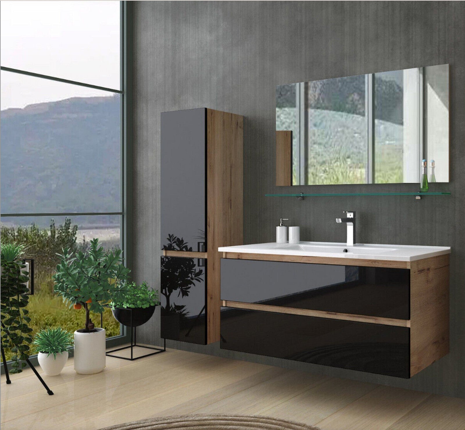 Badmöbel Set 90 cm  Eiche / Schwarz Hochglanz Badezimmermöbel 90 cm Badezimmer