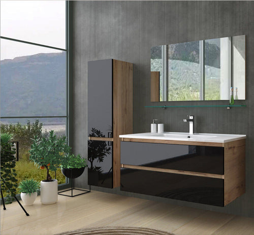 Badmöbel Set 90 cm  Eiche / Schwarz Hochglanz Badezimmermöbel 90 cm Badezimmer