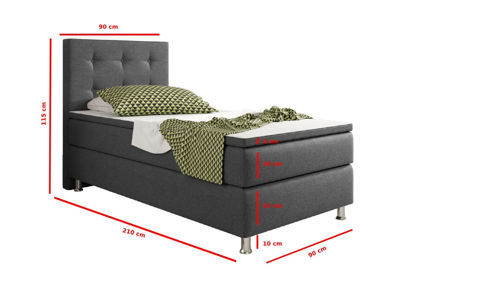 Boxspringbett Bett  90x200 Webstoff Anthrazit Einzelbett Schalafzimmer modern